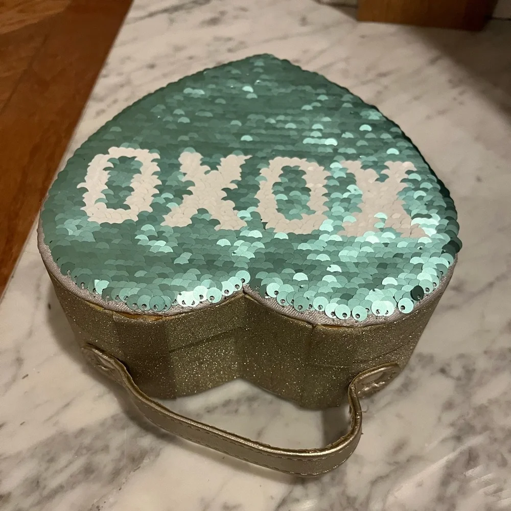 Pottery Barn Kids heart shaped trinket box with flip message in sequins